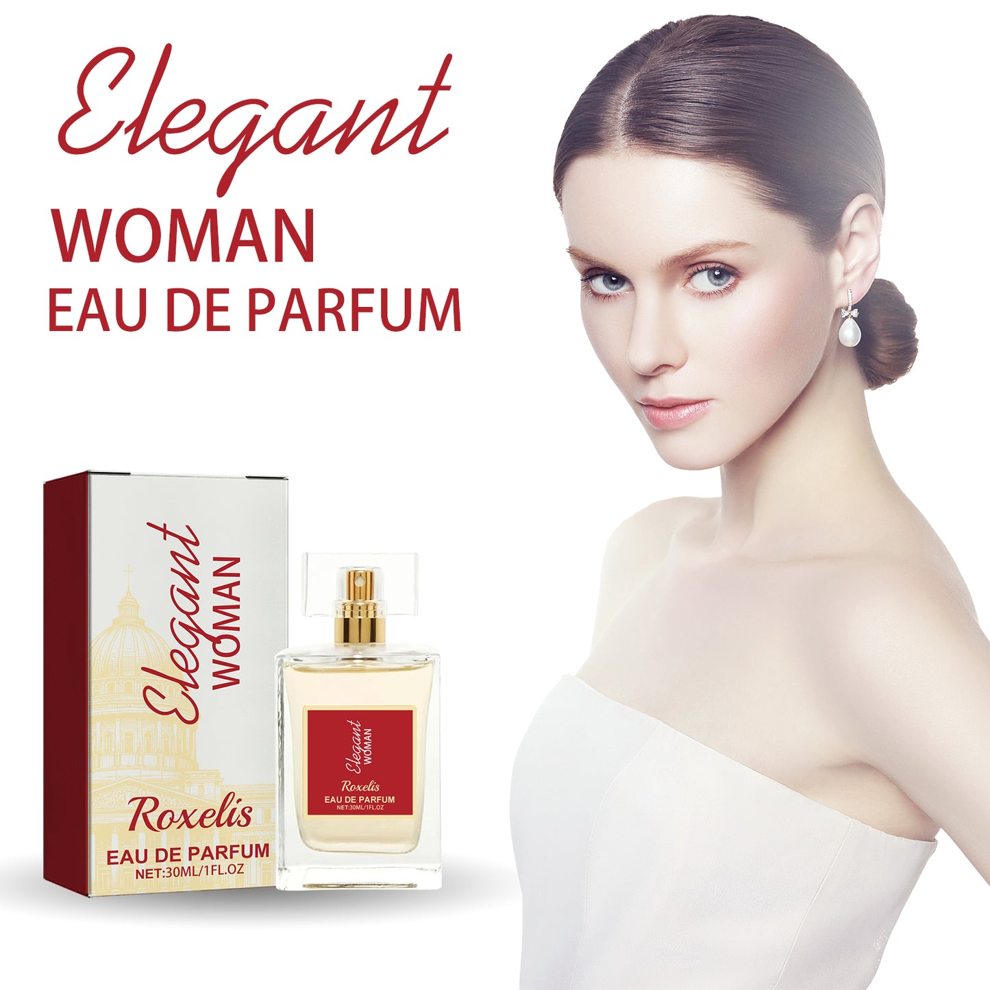 Elegant woman wearing American Smart EP Elegant Woman Eau De Parfum with floral and fruity notes, behind ear, showcasing sophisticated fragrance.