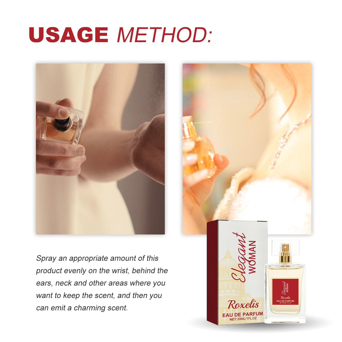 Elegant woman wearing American Smart EP Eau De Parfum with floral and fruity notes, behind ear, showcasing the luxurious fragrance bottle.