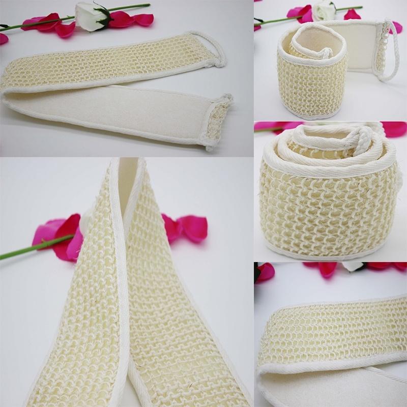 American Smart exfoliating back strap bath brush with sponge and towel for body cleansing and scrubbing in the shower.