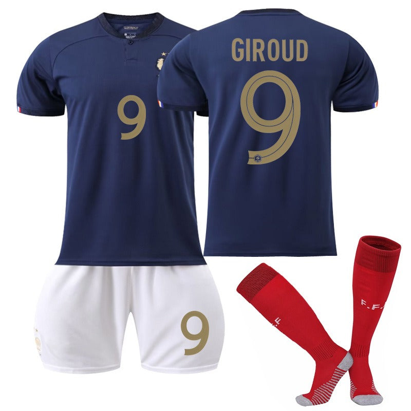 French national team soccer jersey set featuring No. 10 Mbappe, No. 11 Benzema, No. 9 Giroud, and No. 19 Dembele by American Smart EP.