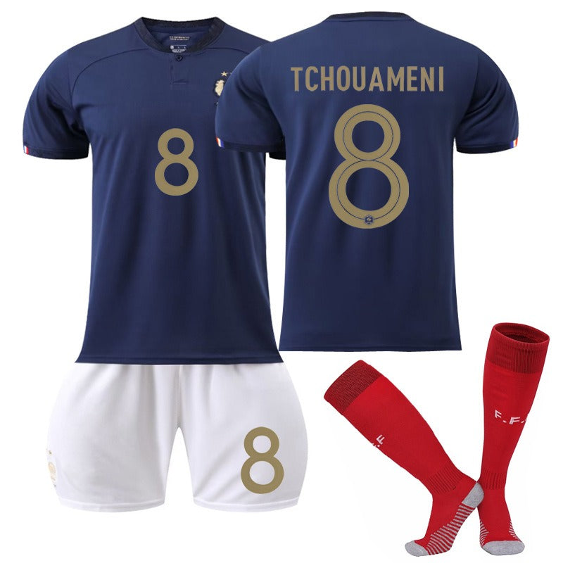 Set of French national team soccer jerseys featuring Mbappe No. 10, Benzema No. 19, Dembele No. 11, and Giroud No. 9 by American Smart.