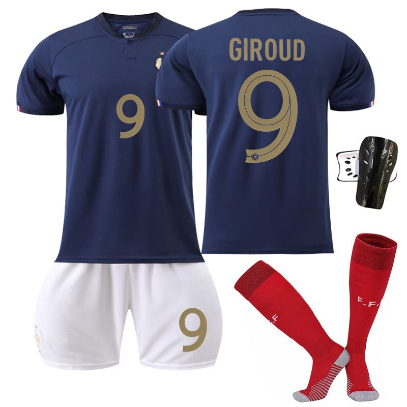 French national team soccer jersey set featuring No. 10 Mbappe, No. 19 Benzema, No. 11 Dembele, and No. 9 Giroud by American Smart EP