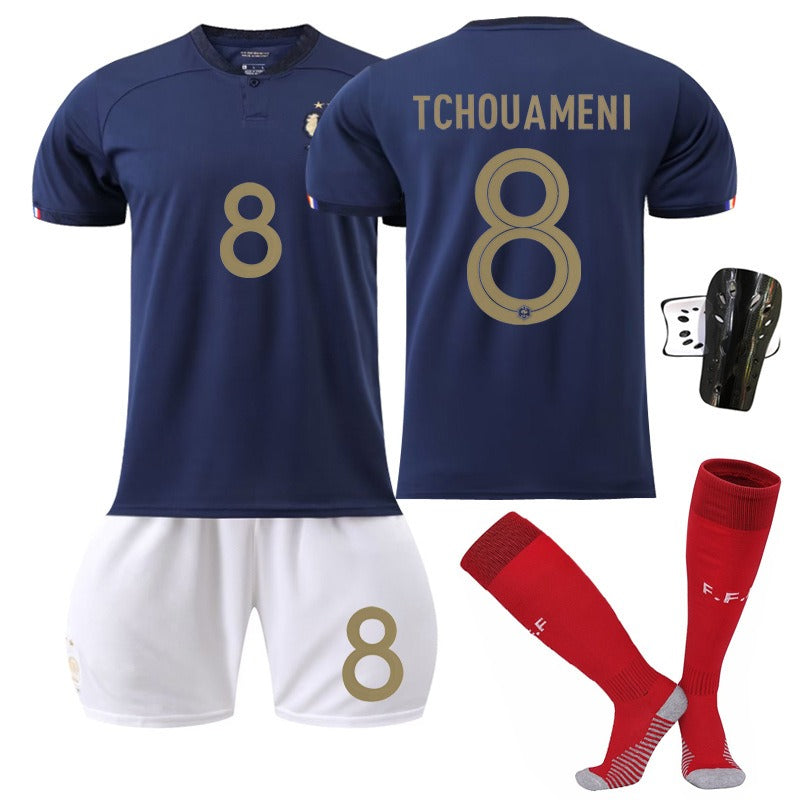 French football jersey set featuring No. 10 Mbappe, No. 19 Benzema, No. 11 Dembele, and No. 9 Giroud by American Smart EP.