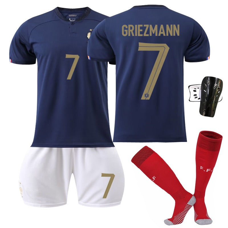 Set of four French soccer jerseys featuring Mbappe No. 10, Benzema No. 19, Dembele No. 11, and Giroud No. 9 by American Smart EP
