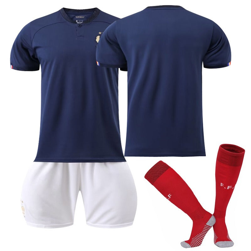 French soccer jersey set featuring number 10 Mbappe, 19 Benzema, 11 Dembele, and 9 Giroud, by American Smart - EP.
