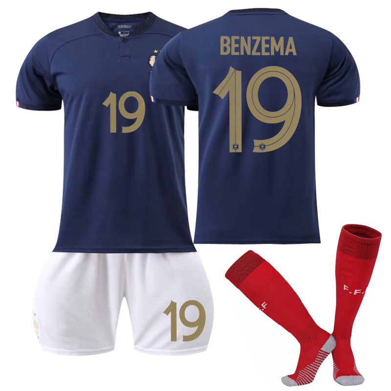 Set of France national team jerseys featuring Mbappe No. 10, Benzema No. 19, Dembele No. 11, and Giroud No. 9 by American Smart EP