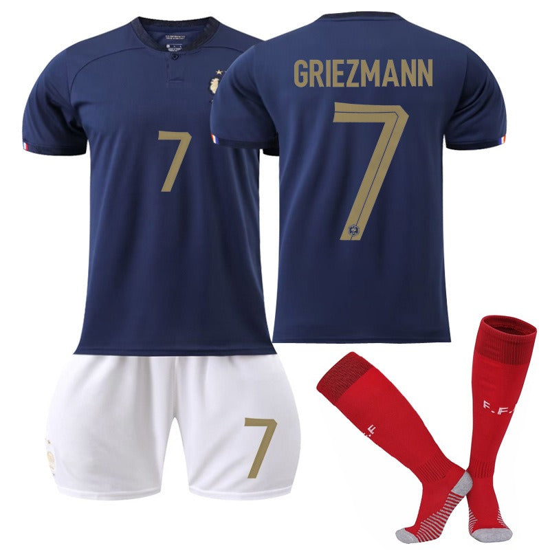 French soccer jersey set featuring No. 10 Mbappe, No. 19 Benzema, No. 11 Dembele, and No. 9 Giroud by American Smart - EP