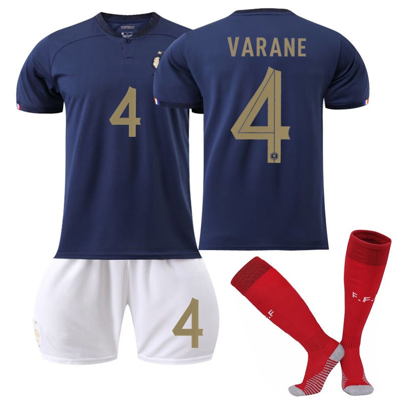 French soccer jersey set featuring No. 10 Mbappe, No. 19 Benzema, No. 11 Dembele, and No. 9 Giroud by American Smart EP.