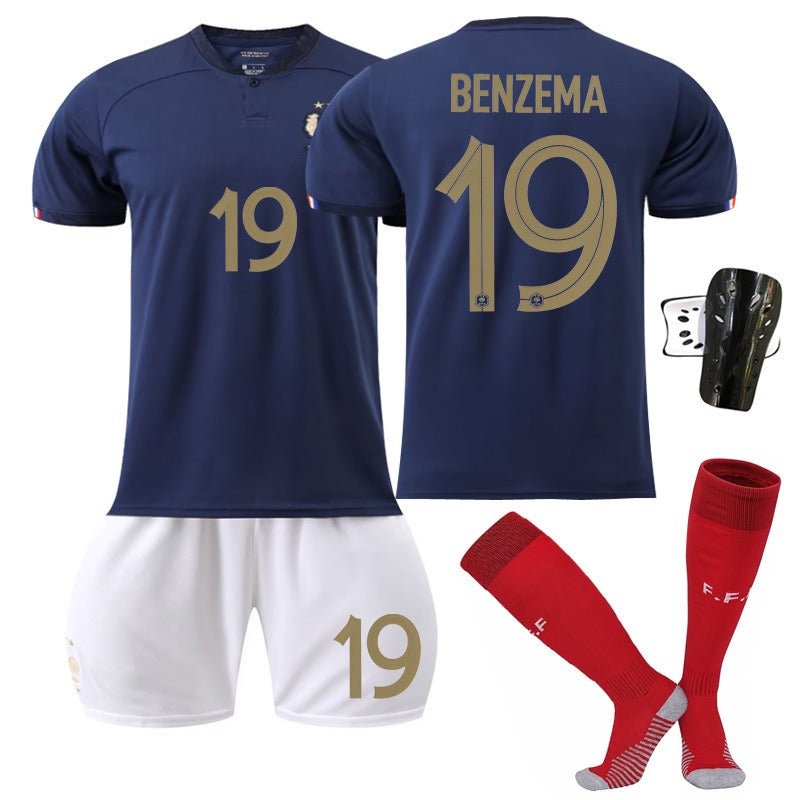Set of France national team football jerseys featuring Mbappe No. 10, Benzema No. 19, Dembele No. 11, and Giroud No. 9 by American Smart.