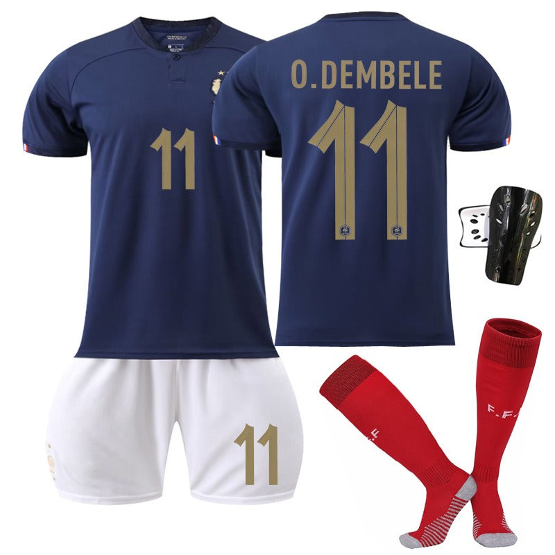 French national team soccer jersey set featuring No. 10 Mbappe, No. 19 Benzema, No. 11 Dembele, and No. 9 Giroud by American Smart EP