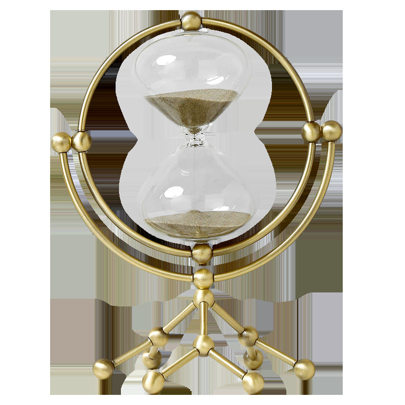 Nordic Light Luxury rotating hourglass made of metal, used as home decor in living rooms and wine cabinets.