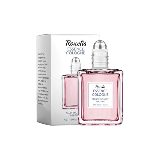 Pink rose fragrance essential oil bottle with a floral label, highlighting a mild, natural, and fresh scent for women.