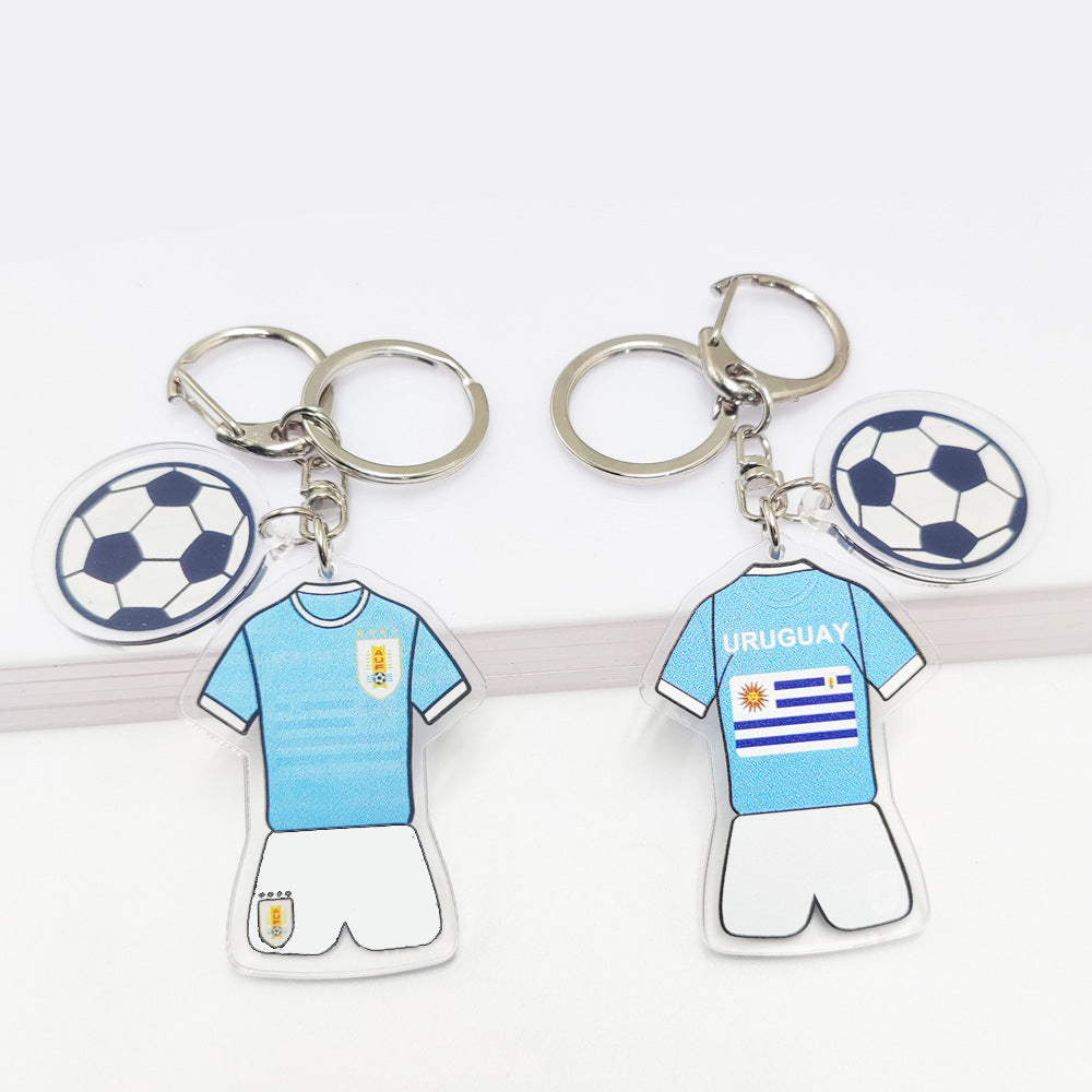 Acrylic Qatar Football World Cup souvenir key chain featuring Germany and France flags with football jersey and football pattern pendant.