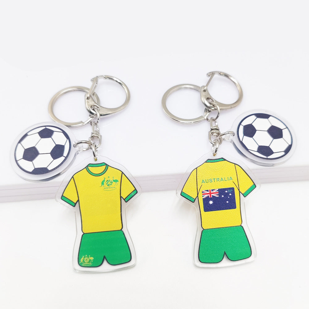 Acrylic Qatar World Cup souvenir key chain featuring Germany and France flags with a football pattern pendant.