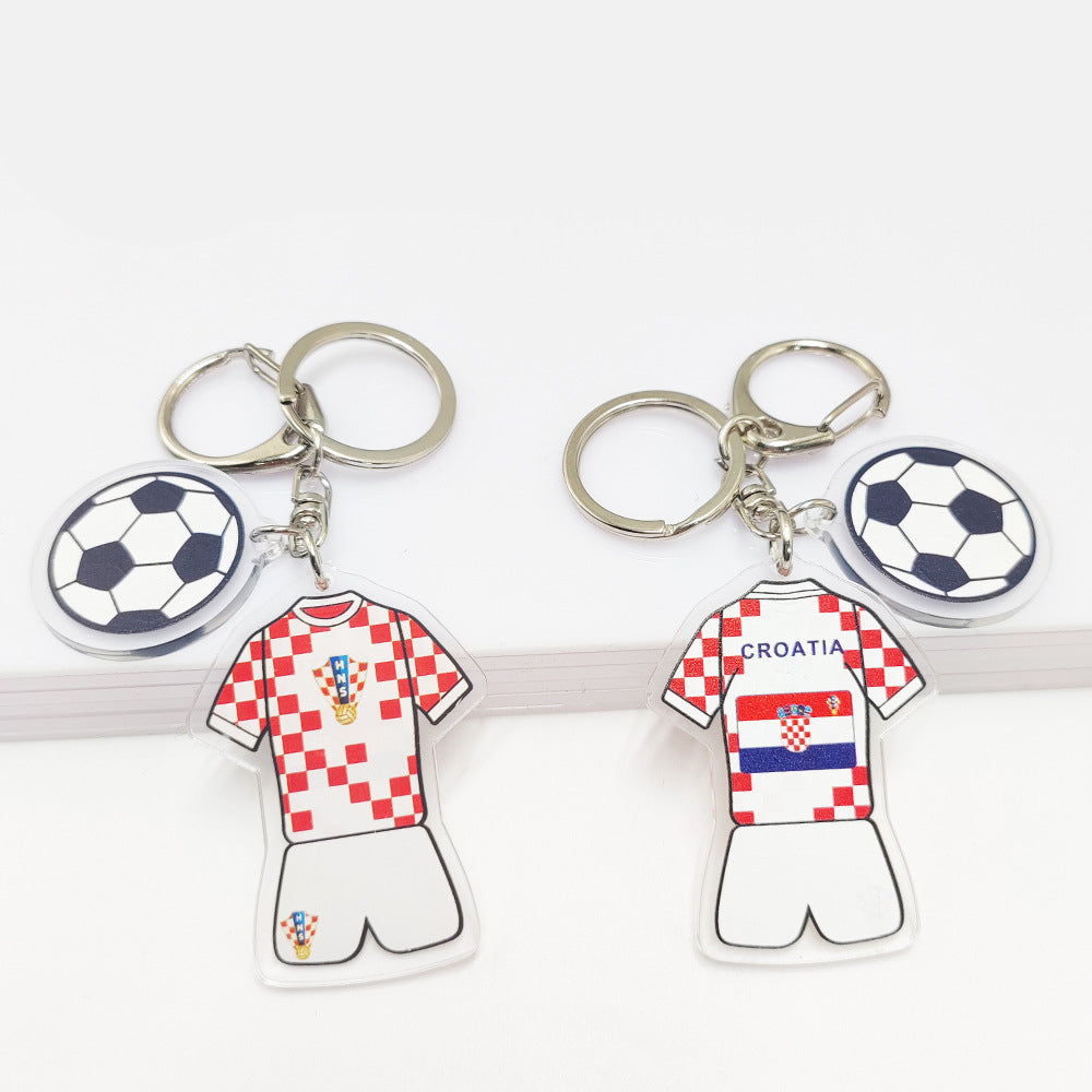 Acrylic Qatar Football World Cup key chain featuring Germany and France flags with football jersey and pattern pendant.