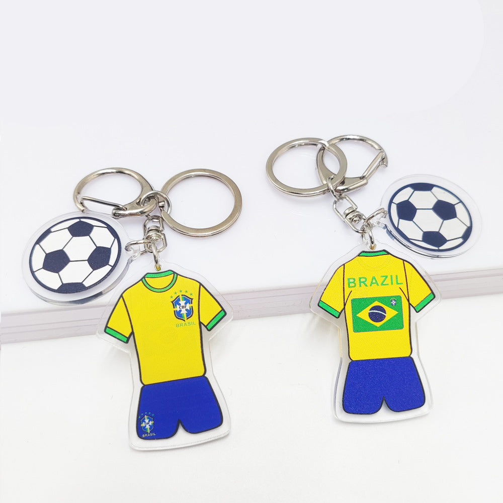 Qatar Football World Cup souvenir key chain with Germany and France flags, acrylic jersey design, football pattern pendant.