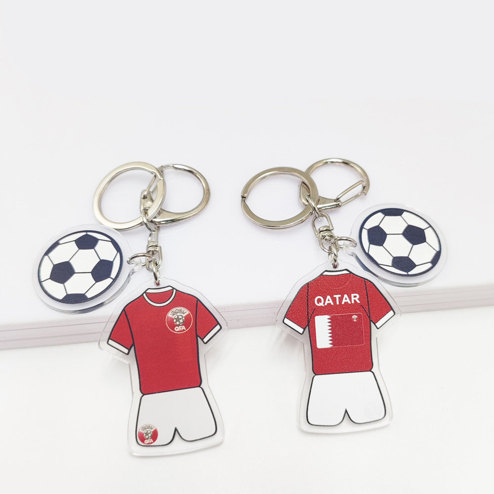 Acrylic Qatar World Cup souvenir key chain featuring Germany and France flags, football pattern, and jersey design by American Smart EP.