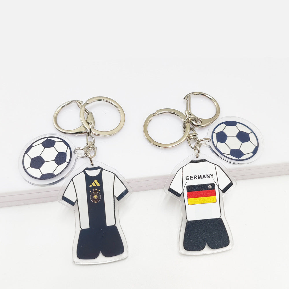 Qatar Football World Cup souvenir key chain with Germany and France flags, acrylic jersey design, football pattern pendant.