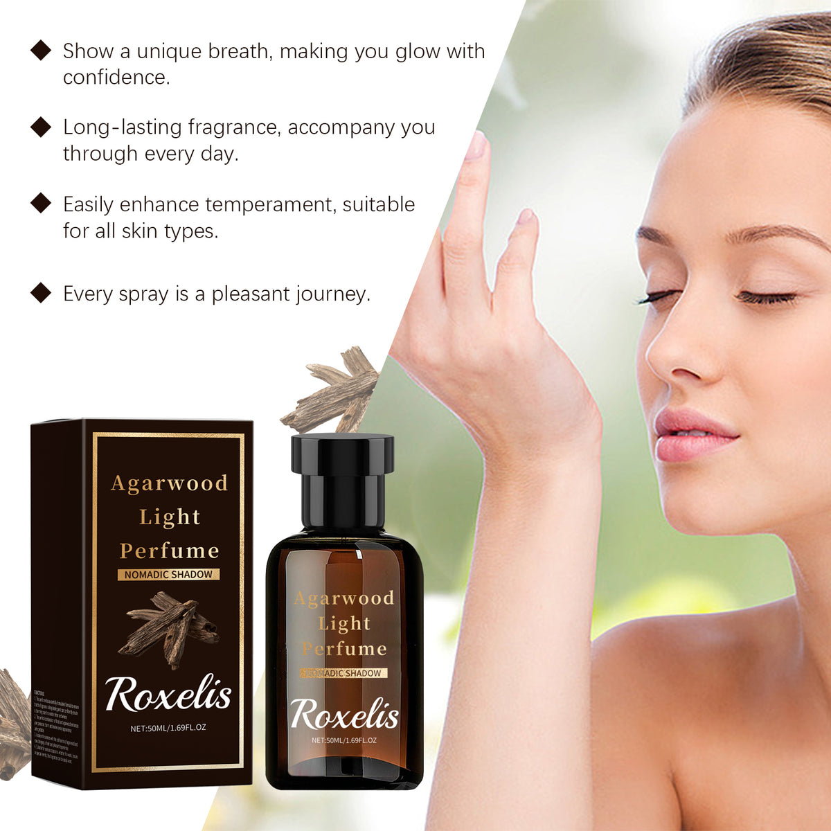 American Smart Roxelis Agarwood Eau De Toilette spray bottle, portable fragrance with natural woody and fresh scent.