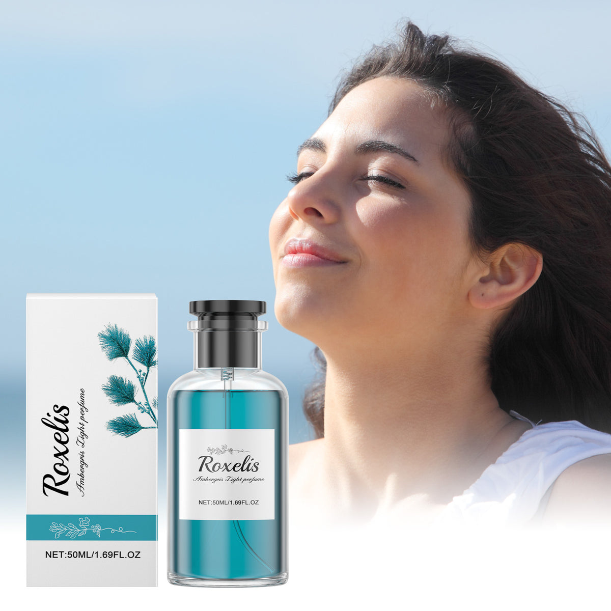 American Smart Roxelis Ambrosia Wood Eau De Toilette bottle showing elegant glass design and natural wood fragrance notes.