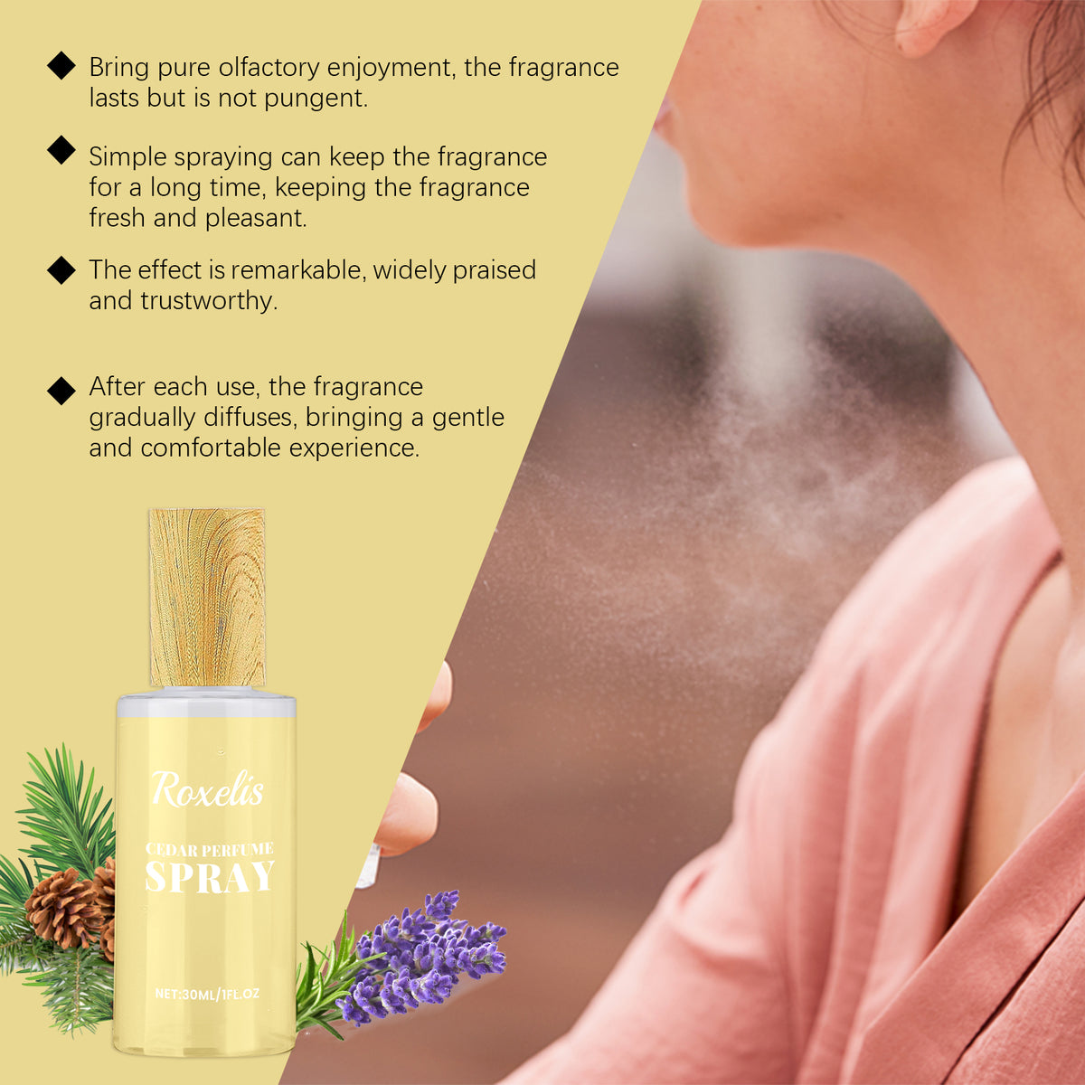 American Smart Roxelis Cedar Eau De Toilette bottle with natural wood fragrance and floral accents, elegant and romantic scent presentation