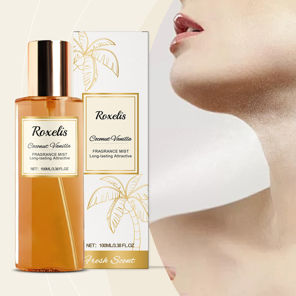 American Smart Roxelis Coconut Vanilla romantic body fragrance bottle with elegant design, showcasing the eau de toilette for everyday use.