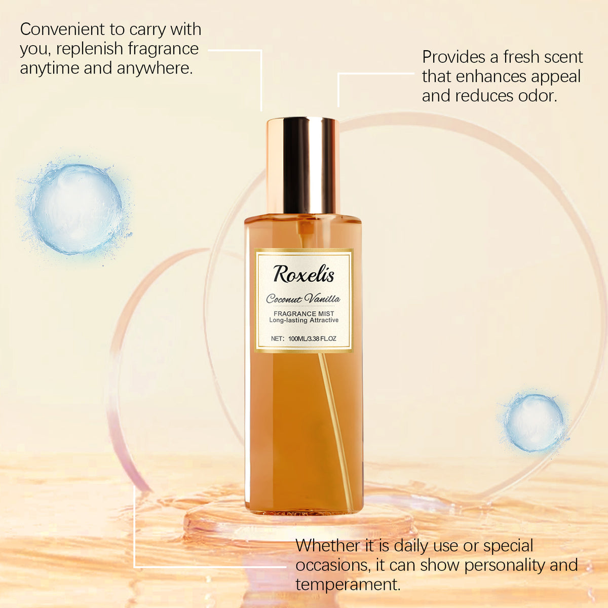 American Smart Roxelis Coconut Vanilla romantic body fragrance bottle, elegant natural scent, Eau de Toilette for everyday use