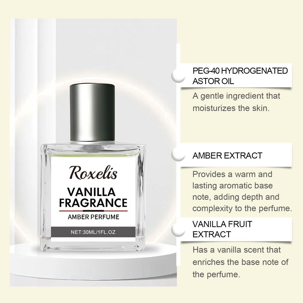 American Smart Roxelis Vanilla Amber Eau De Toilette bottle, featuring a clear glass container with golden accents and elegant fragrance label.