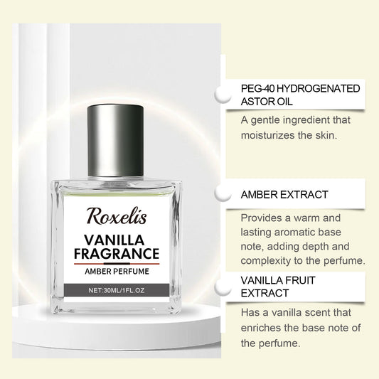 American Smart Roxelis Vanilla Amber Eau De Toilette bottle, featuring a clear glass container with golden accents and elegant fragrance label.