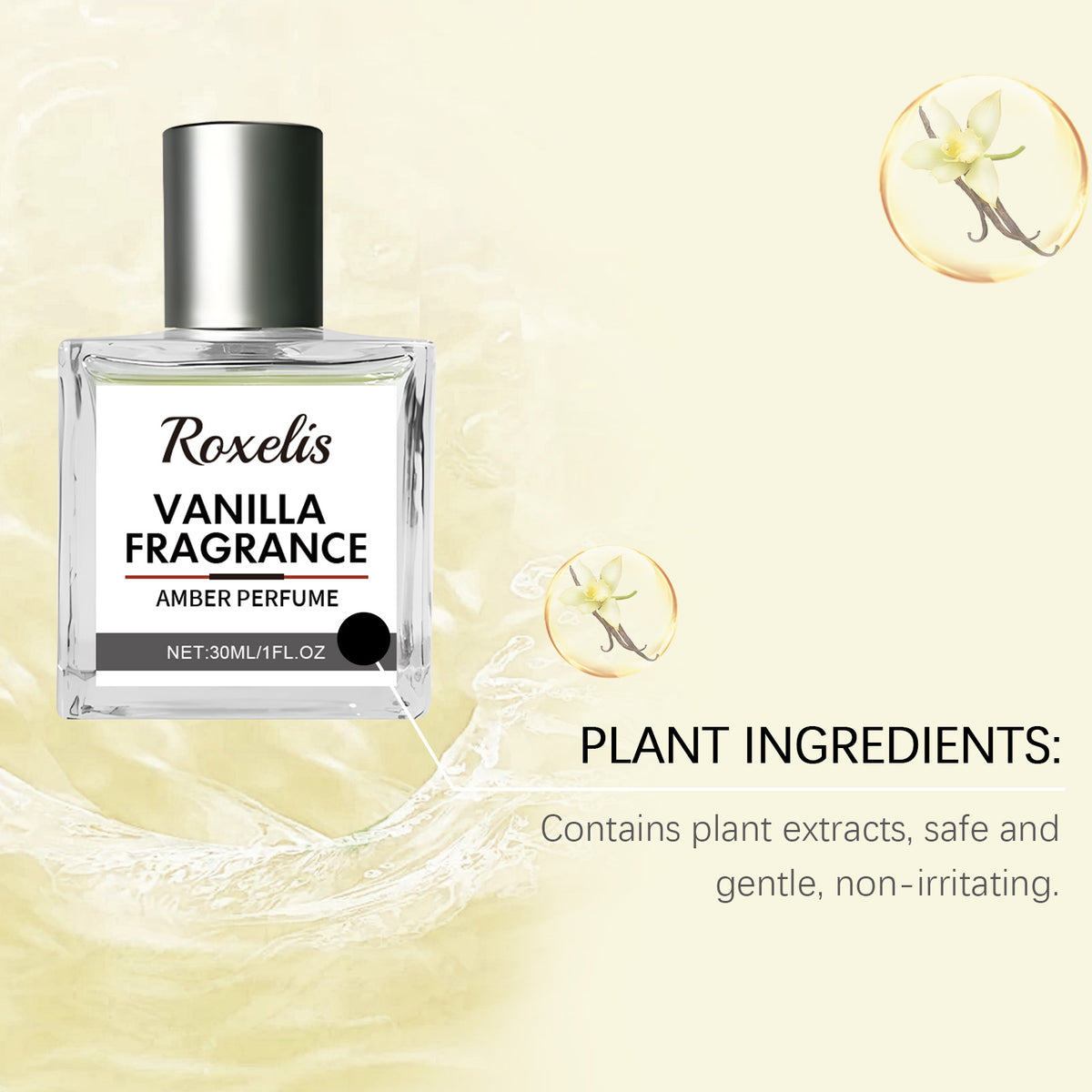 American Smart Roxelis Vanilla Amber Eau de Toilette bottle with elegant label, showcasing the natural, fresh, and light fragrance.