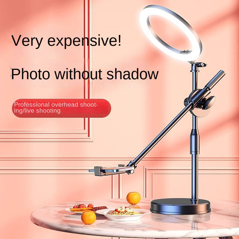 Adjustable dual-camera mobile phone overhead stand with fill light for food photography, drawing, and live streaming by American Smart EP.