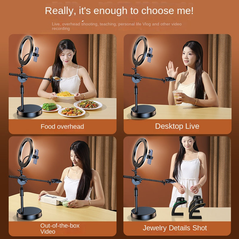 Adjustable dual-camera mobile phone overhead stand with fill light for food photography, drawing, and live streaming by American Smart EP.