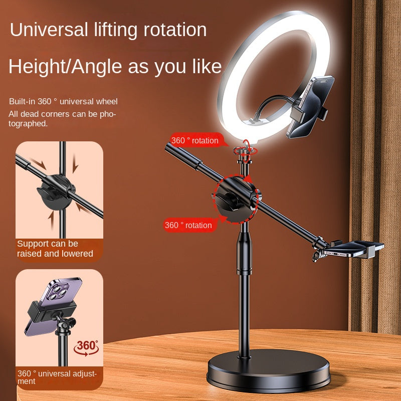 Adjustable mobile phone overhead shooting stand with dual-camera positions and fill light, ideal for food photography, drawing, and streaming.