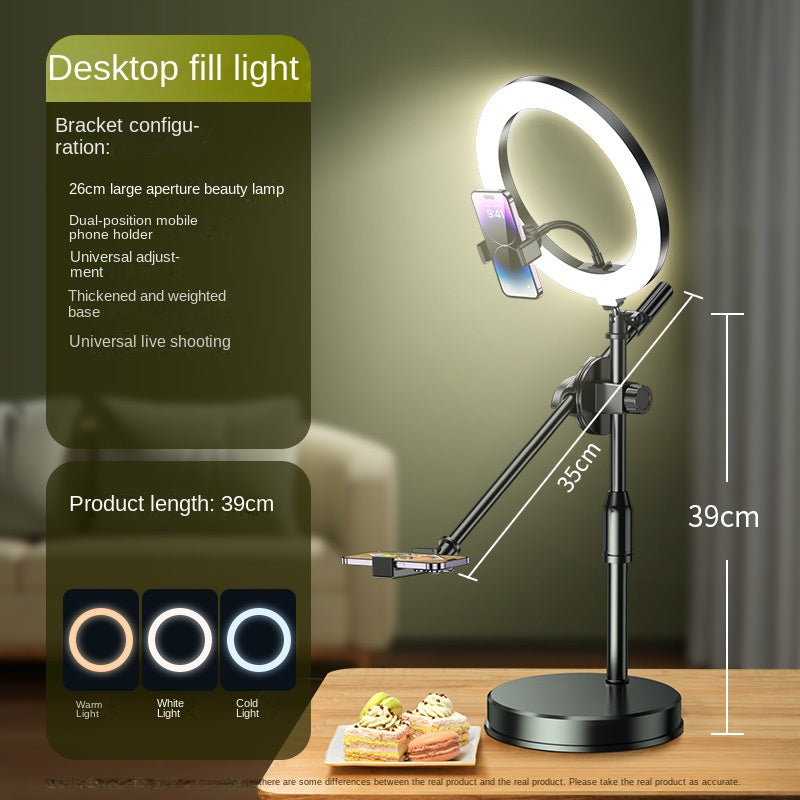 Adjustable mobile phone overhead shooting stand with dual-camera positions, fill light, suitable for food photography, drawing, and streaming.