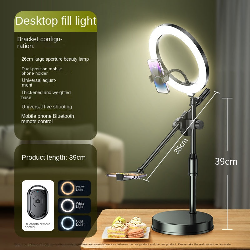 Adjustable dual-camera mobile phone overhead shooting stand with fill light, used for food photography, drawing, and live streaming.