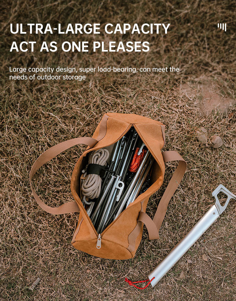 Portable outdoor camping accessories storage bag by American Smart, cylindrical tent tool bag with nails, ropes, and camping gear compartments.
