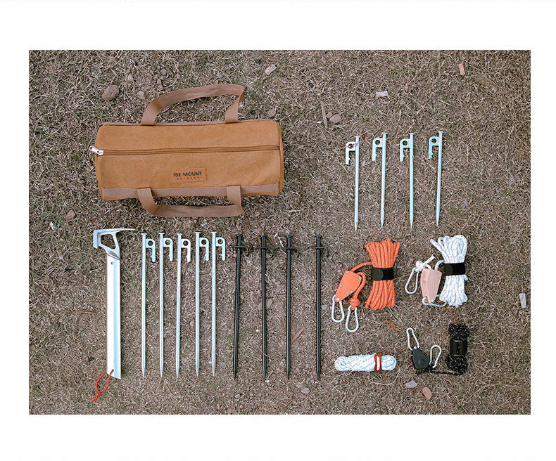 Portable outdoor camping accessories storage bag with tent wind rope nails and tool compartments, ideal for camping trips.