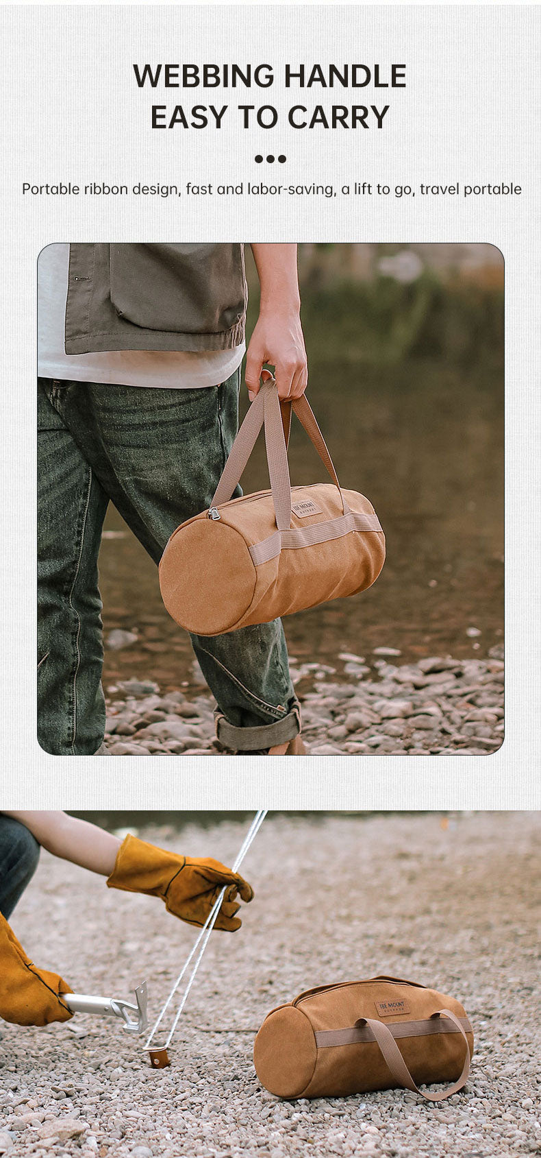 American Smart outdoor camping accessories storage bag for tent wind ropes, nails, and tools, portable and cylindrical in design.