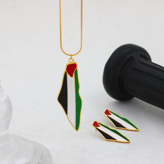 Oil-Drip Palestine map pendant necklace and matching earrings made of titanium steel with 18K gold plating, personalized jewelry set.