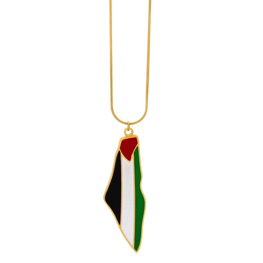 Oil-Drip Palestine Map pendant necklace and matching earrings set in titanium steel with 18K gold plating by American Smart EP.