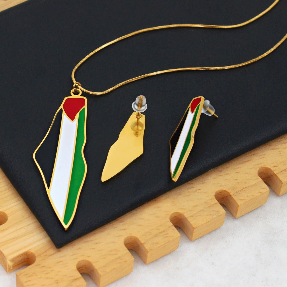Oil-Drip Palestine map titanium steel 18K pendant necklace with personalized earrings, stylish jewelry set by American Smart EP.