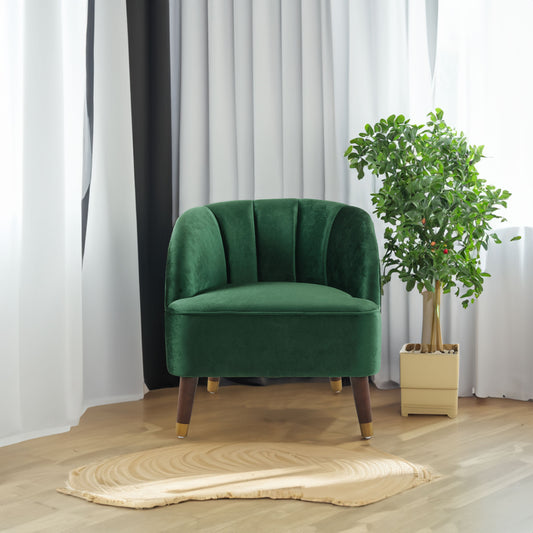 Upholstered barrel accent chair with wooden legs, beige fabric, and sleek modern design by American Smart - EP.