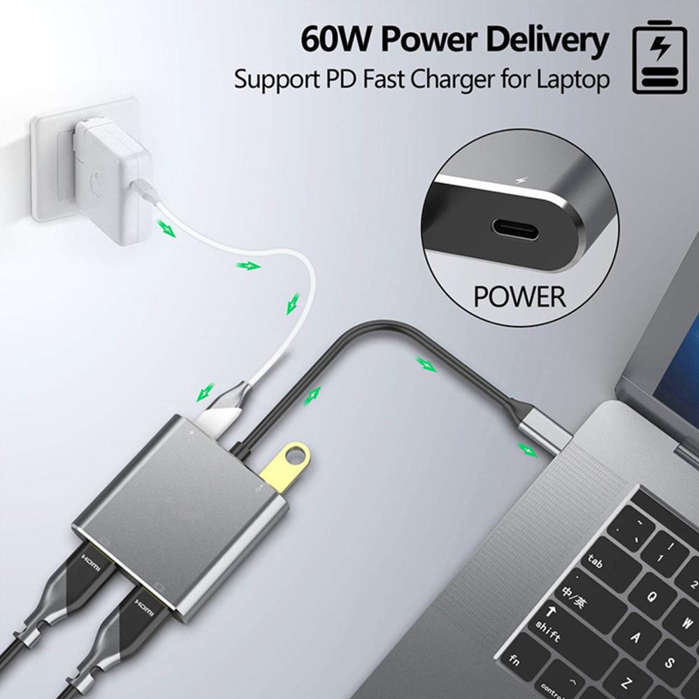 American Smart EP Type-C hub with dual HDMI, USB 3.0 ports, and Power Delivery for laptops and mobile devices.