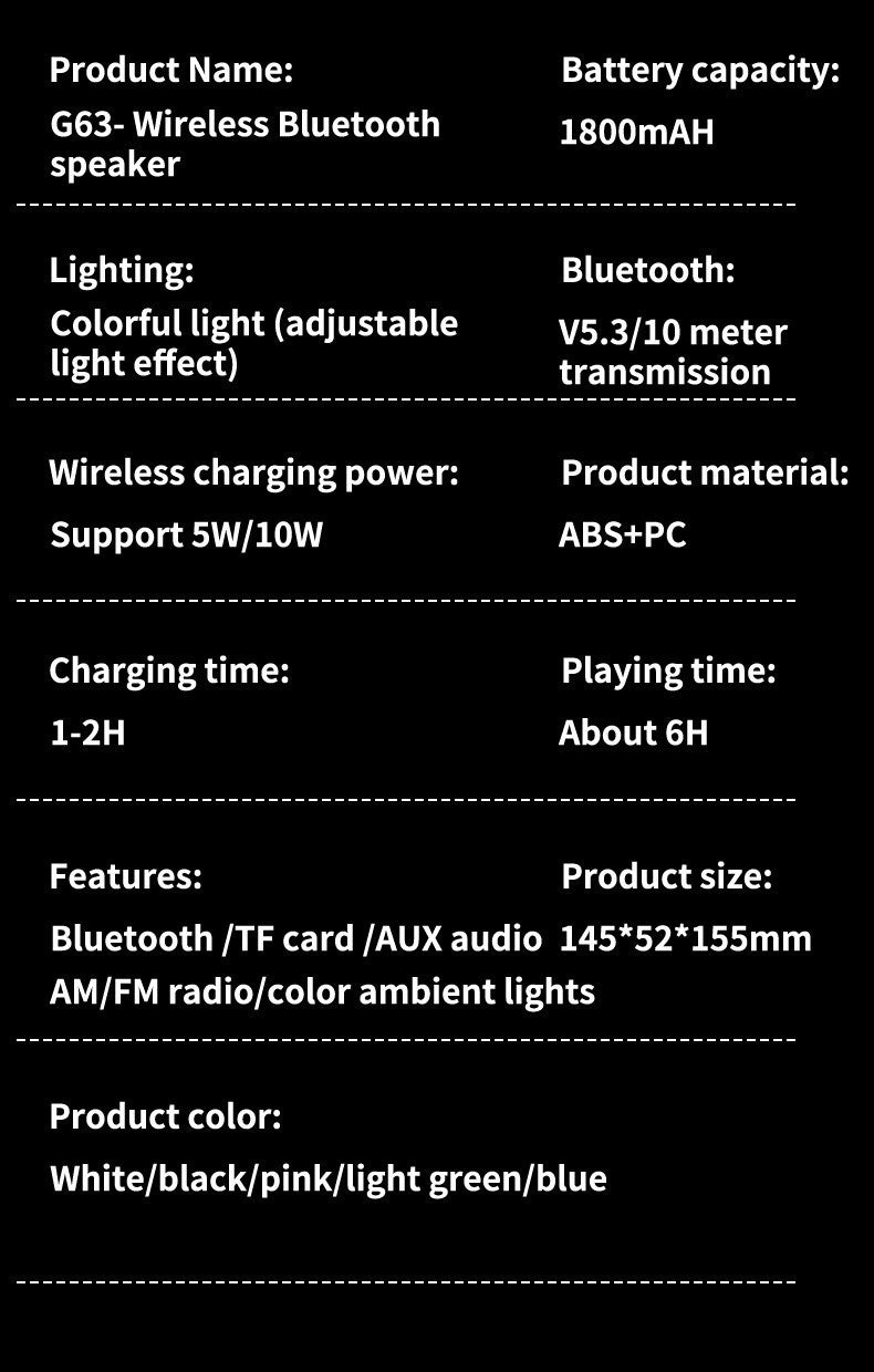 Bluetooth Speaker G63 Colorful Lights Clock Wireless Charging Multifunctional Bluetooth Speaker Colorful Atmosphere Alarm Clock - American Smart