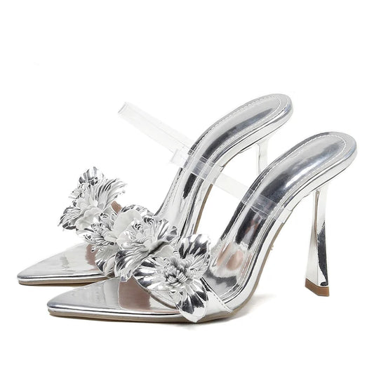 Eilyken Summer PVC Transparent Flower Sexy Pointed Toes Thin Heels Slippers Woman Dress Party Mules Slides Shoes Zapatos De Muje - American Smart