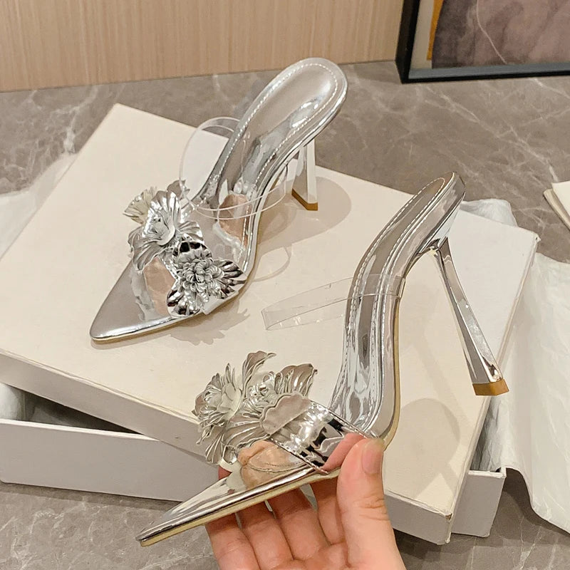 Eilyken Summer PVC Transparent Flower Sexy Pointed Toes Thin Heels Slippers Woman Dress Party Mules Slides Shoes Zapatos De Muje - American Smart