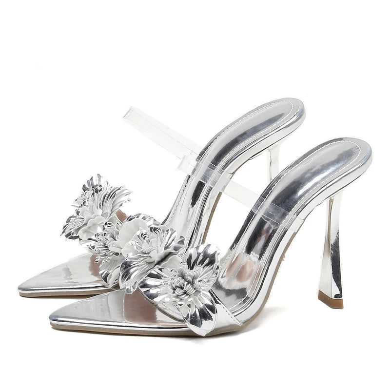 Eilyken Summer PVC Transparent Flower Sexy Pointed Toes Thin Heels Slippers Woman Dress Party Mules Slides Shoes Zapatos De Muje - American Smart