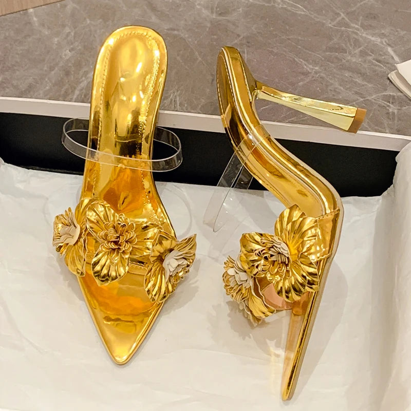 Eilyken Summer PVC Transparent Flower Sexy Pointed Toes Thin Heels Slippers Woman Dress Party Mules Slides Shoes Zapatos De Muje - American Smart