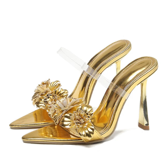 Eilyken Summer PVC Transparent Flower Sexy Pointed Toes Thin Heels Slippers Woman Dress Party Mules Slides Shoes Zapatos De Muje - American Smart