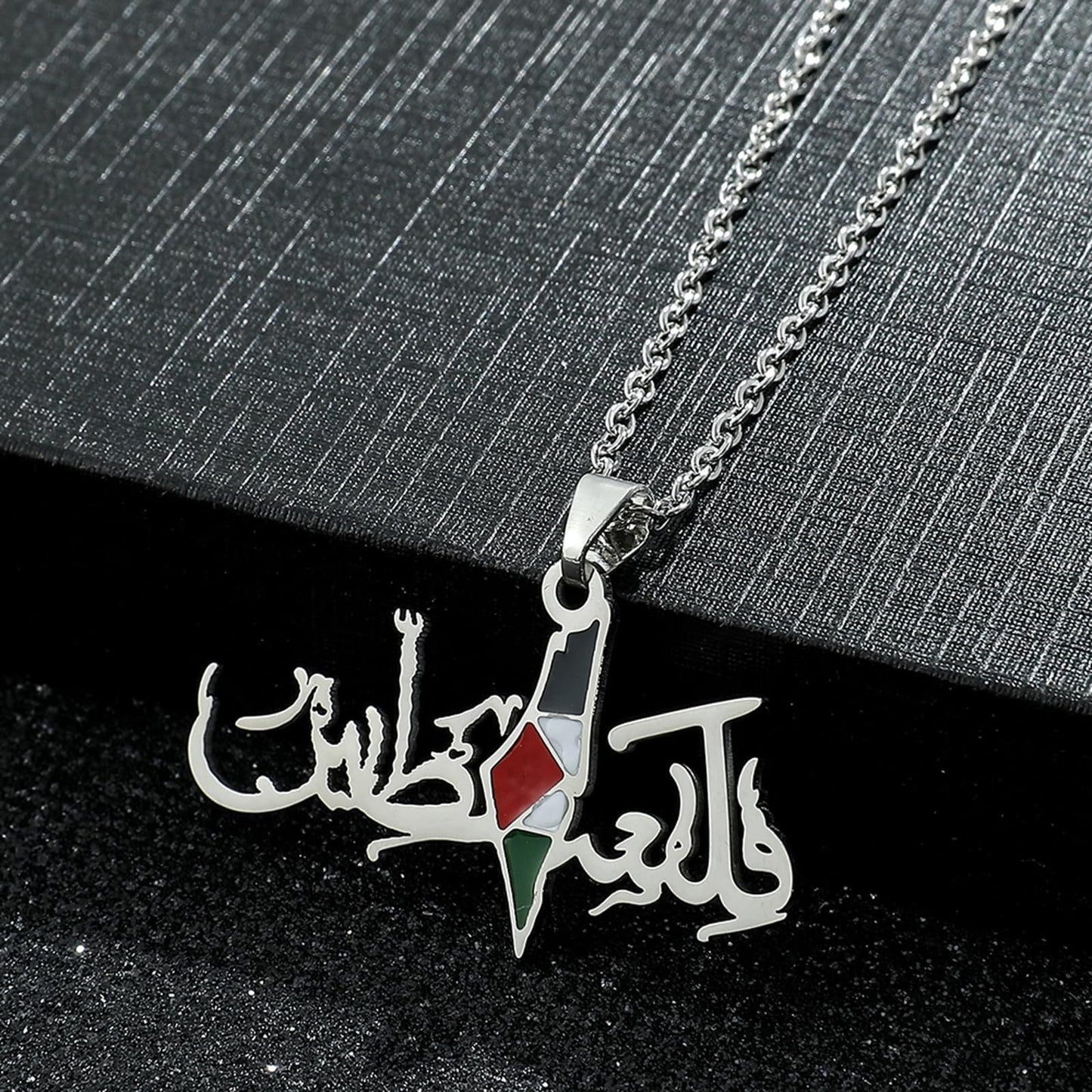 Stainless steel gold and silver pendant necklace featuring the Palestine map flag design, suitable for men and women.